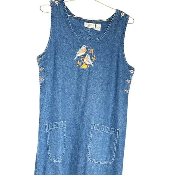 Vintage National Wildlife Federation Denim Jumper Dress Birds Pockets Large - Picture 1 of 10